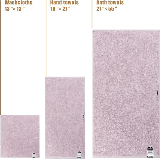 SEMAXE 18-Pack Bath Towel Set Include 6 Bath Towels, 6 Hand Towels, 6 Wash Cloths, 100% Cotton Bathroom Towels with Hanging Loops and Nano-Bio Lifecycle Labels, Soft & Absorbent Towel, Purple