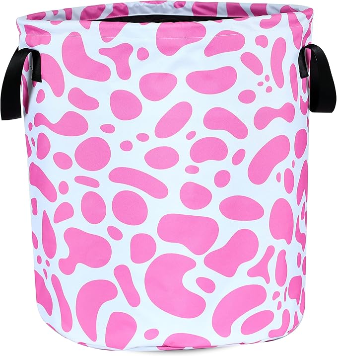 Pink Cow Print Laundry Basket Animal Foldable Oxford Cloth Funny Tote Bag Laundry Hamper Clothes Storage Bucket Organizer For Bathroom/Laundry Storage/Bedroom Storage Basket 17.7x13.7Inch