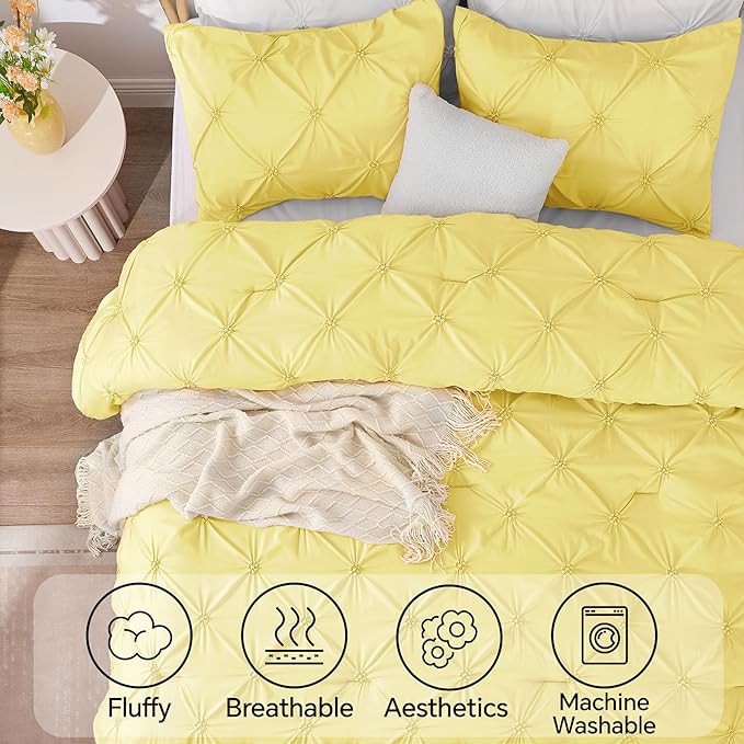 BEDELITE Light Yellow King Size Comforter Set - 3 Pieces Boho Pintuck Bedding Comforter Sets, Lightweight Soft & Warm King Bedding Set with 2 Pillowcases for All Season