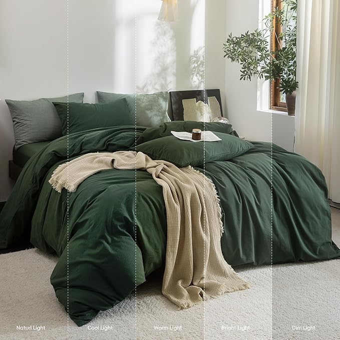 FOSSA Duvet Cover Set 100% Washed Cotton Linen Feel Super Soft Breathable Cozy 3 Pieces Bedding Sets Solid Forest Green Oversized King