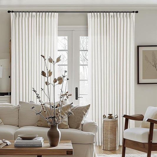 Ivory White Extra Wide Pinch Pleat Linen Curtains 84 Inches Long for Living Room Sliding Glass Door 100 Inch Wide Curtain Memory Trained Pleated Drape with Hooks Rings 100x84 Large Window Curtain