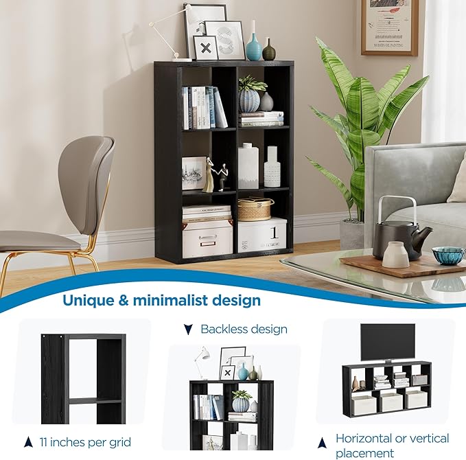 6 Cube Storage Organizer, 2x3 Cube Bookshelf, Cubby Storage Shelf, Wooden Organizer Shelf with Thickened Boards, for Closet Bedroom Home Office Living Room, 36.93" L x 9.37" W x 25.12" H, Black