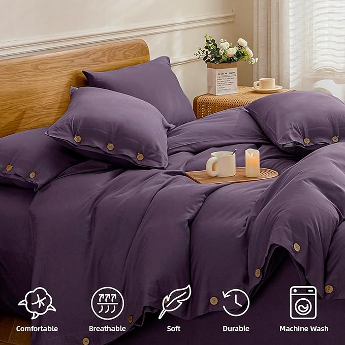 JELLYMONI Cotton Duvet Cover Twin Size - Purple Comforter Cover with Button 100% Washed Cotton 2PCS Breathable Soft Solid Bedding Set Duvet Cover 68×90in & 1 Pillowcase (NO Comforter)