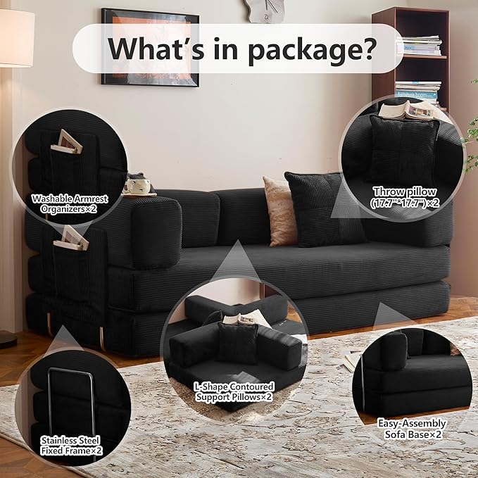 78.8" Convertible Sofa Bed - Compression Sofa with Corduroy Fabric - with Armrests and Backrest - Modular Sectional for Living Room, Bedroom, Studio - Compression Sofa in Box (Black)