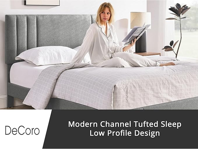 Decoro Chicago Modern Tufted Upholstered Platform Full Size Bed Frame, Full, Grey