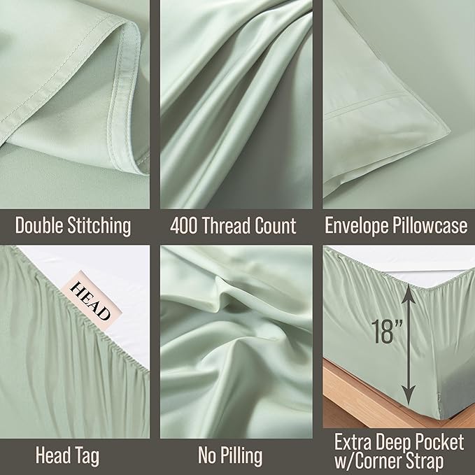 Bella Coterie 6 Piece Luxury Bamboo Viscose Queen Size Sheet Set | 100% Organically Grown | Cooling for Hot Sleepers | 18" Deep Pocket | Soft & Hypoallergenic | 4 Pillowcases [Sea Glass]