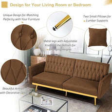 70” Velvet Futon Sofa Bed with 2 Pillows and Adjustable Armrests, Convertible Sleeper Bed W/Adjustable Backrests, Modern Loveseat for Living Room, Bedroom, Brown