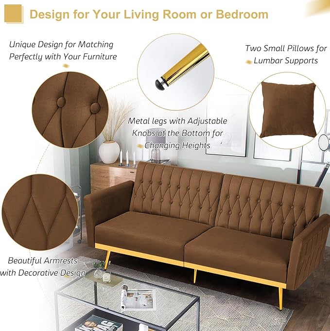 70” Velvet Futon Sofa Bed with 2 Pillows and Adjustable Armrests, Convertible Sleeper Bed W/Adjustable Backrests, Modern Loveseat for Living Room, Bedroom, Brown