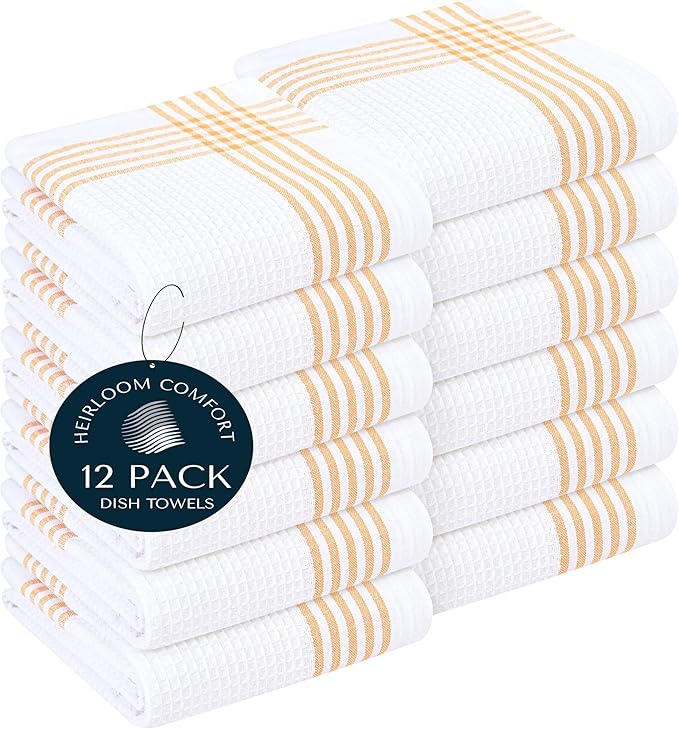 Mustard Yellow and White Waffle Kitchen Towels 12 Pack, 100% Cotton, 16x26 Inch, Super Absorbent, Quick Dry Dish Towels, Reusable & Soft Dishcloths for Kitchen Cleaning