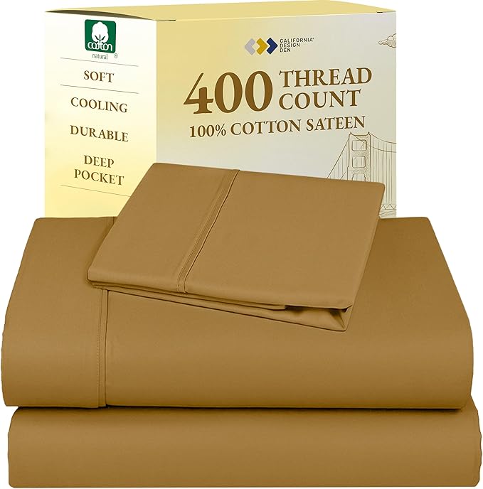 California Design Den Twin XL Sheet Sets - 400 Thread Count Sateen, 100% Cotton Sheets, Deep Pockets, and Durable Bedding for Dorm Rooms & Adults - Golden Mustard CaliforniaDesignDen