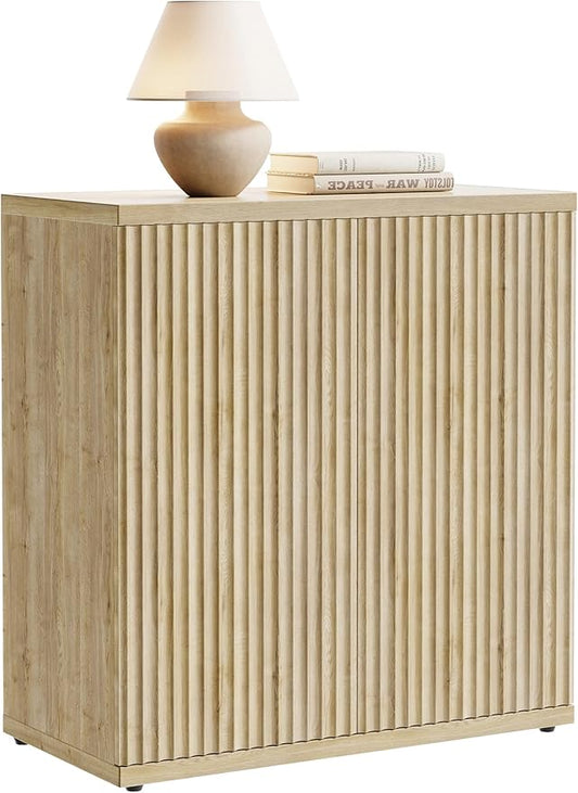 Fluted Buffet Cabinet Sideboard with Storage,Wooden Credenza with 2 Doors&Adjustable Shelve, Modern Accent Cabinets Coffee Bar Bookcase for Living Room,Kitchen Dining Room Entryway 15"D Natural Oak