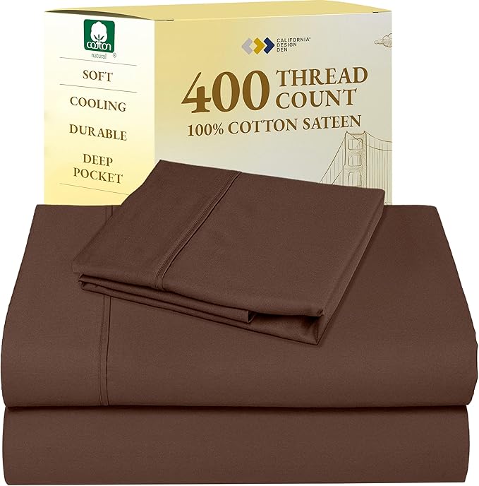 California Design Den Twin Sheets Set - Soft 400 Thread Count Sateen, Natural 100% Cotton Twin Bed Sheets with Deep Pockets, and Durable Bedding Set - Espresso Chocolate Brown CaliforniaDesignDen