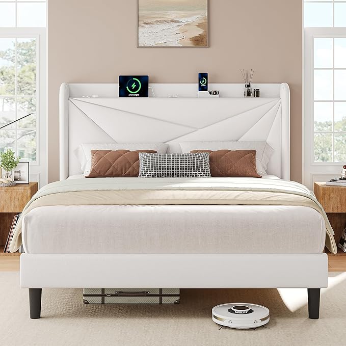 iPormis Queen Size Bed Frame with Charging Station, Velvet Platform Bed Frame with Wingback Upholstered Headboard, Solid Wood Slats Support, No Box Spring Needed, Easy Assembly, White