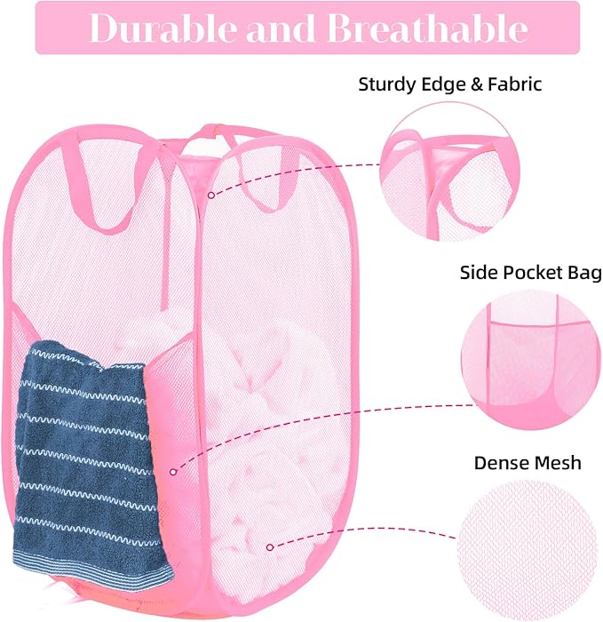 Durable Collapsible Laundry Baskets - Reinforced Mesh Pop Up Laundry Hamper with Pocket, Foldable Dirty Clothes Hamper with Carry Handles for Laundry, Bathroom, Kids Room, Dorm or Travel Pink+Black