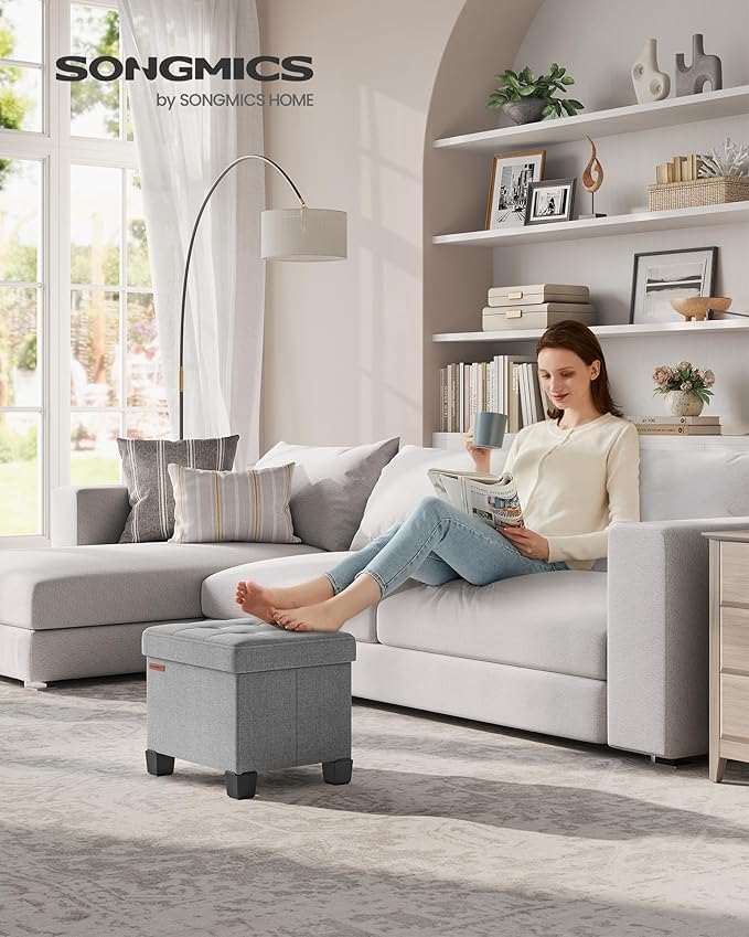 SONGMICS Storage Ottoman, Small Ottoman Foot Rest with Legs, 12.6 x 15.8 x 13.2 Inches Foot Stool, Load up to 660 lb, for Living Room, Bedroom, Dorm, Dove Gray ULSF012G02