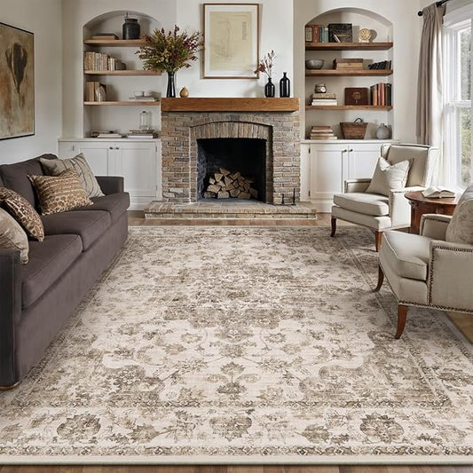 12x15 Neutral Area Rug Brown Vintage Living Room Bedroom Washable Carpet Non-Slip Soft Low Pile Floral Indoor Large Throw Rug for Dining Room Office