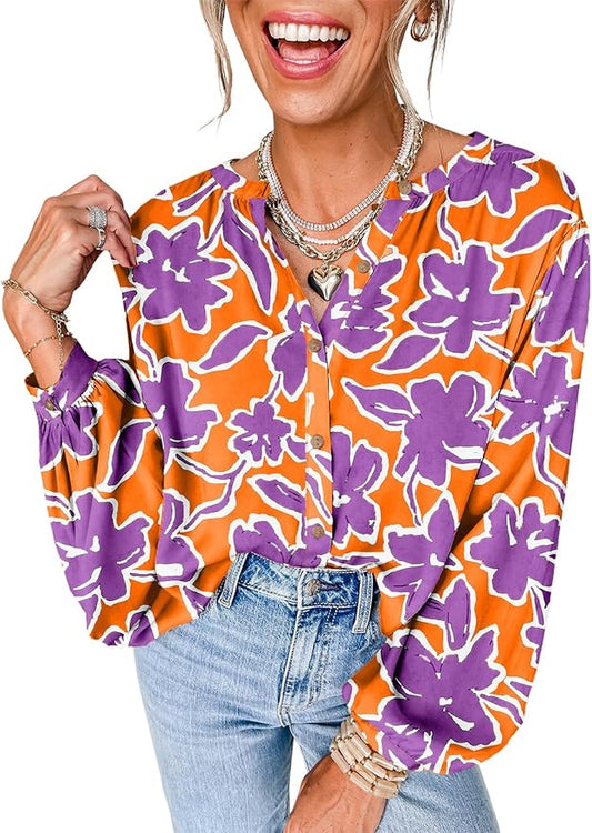Astylish Womens 2026 Boho Floral Loose Spring Summer Tops Lantern Sleeve Flowy Blouses V Neck Button Down Shirts