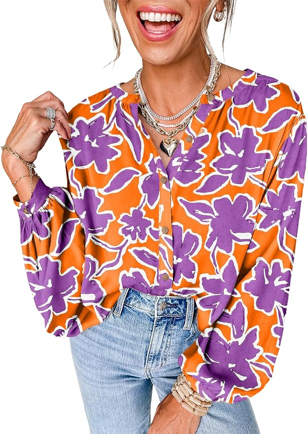 Astylish Womens 2026 Boho Floral Loose Spring Summer Tops Lantern Sleeve Flowy Blouses V Neck Button Down Shirts