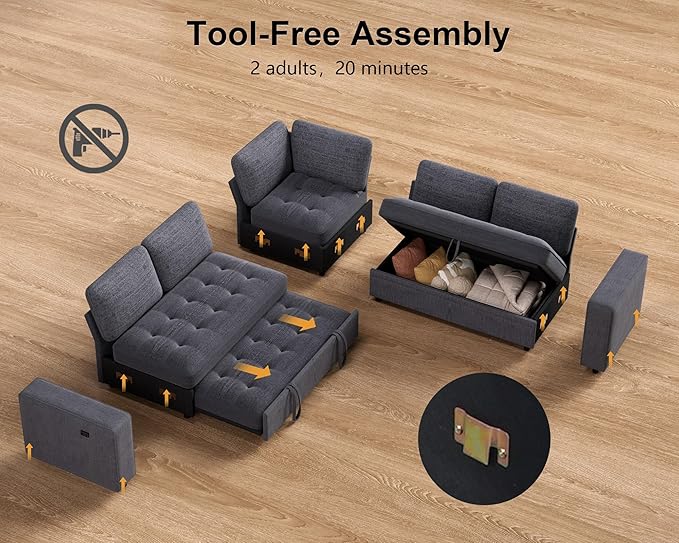 WEUP 5 Seat L Shaped Sectional Sleeper Sofa Bed with Pull Out Bed, Chenille Sectional Sleeper Couch with Adjustable Backrest, USB Ports & Storage Seat, Tool-Free Assembly, Chenille Dark Grey