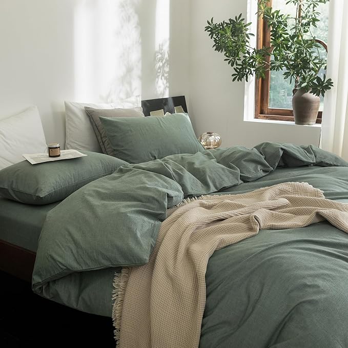 FOSSA Duvet Cover Set 100% Washed Cotton Linen Feel Super Soft Breathable Cozy Simple Style 3 Pieces Bedding Sets Solid Heathered Green King
