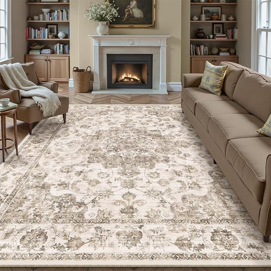 10x14 Neutral Area Rug Brown Vintage Living Room Bedroom Washable Carpet Non-Slip Soft Low Pile Floral Indoor Large Throw Rug for Dining Room Office