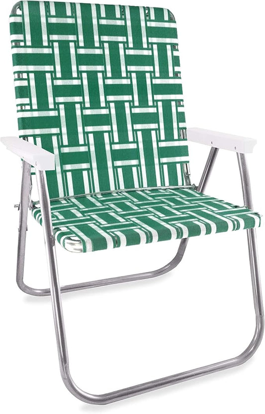 Lawn Chair USA Folding Aluminum Outdoor Patio Lawn Chair | Heavy-Duty Webbed Chairs for Camping, Sports, Beach, Yard & Tailgating | Lightweight Portable | Magnum - Green and White with White Arms