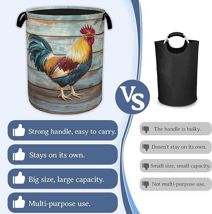 Rooster Laundry Basket,Foldable Oxford Cloth Vintage Wooden Board Laundry Hamper with Handles, 20.8"x16" Tote Bag Clothes Storage Bucket for Laundry Room/Bathroom/Bedroom/Dormitories