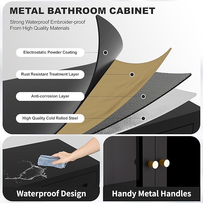 Metal Bathroom Storage Cabinet, Black Sideboard Cabinet with Glass Doors and Adjustable Shelves, Small Metal Cabinets for Kitchen, Living Room, Entryway,Office