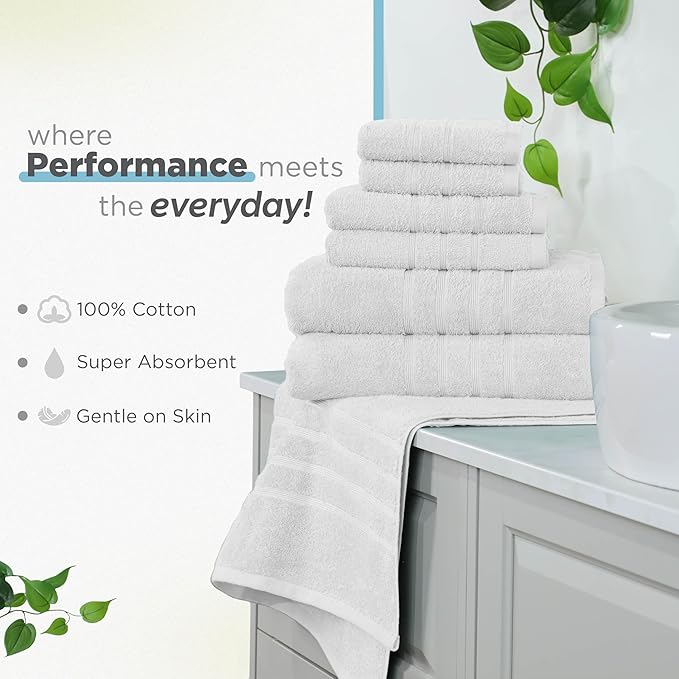 Martex 6-Piece Towel Set – Ultimate Performance – 100% Cotton – 2 Bath Towels – 2 Hand Towels – 2 Wash Cloths – Versatile – Low-Linting – Supersoft & Absorbent Bathroom Set – Easy Care – Optical White