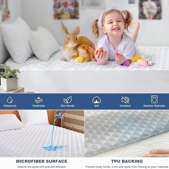 GRT Twin XL Waterproof Mattress Pad, 100% Waterproof Quilted Fitted Mattress Protector, Noiseless Hollow Cotton Mattress Cover, Fitted 8"-19" Deep, Dust Proof