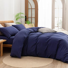 BESTOUCH Duvet Cover Set 100% Washed Cotton Linen Feel Super Soft Comfortable Chic Lightweight 3 PCs Home Bedding Set Solid Navy Blue Oversized Full