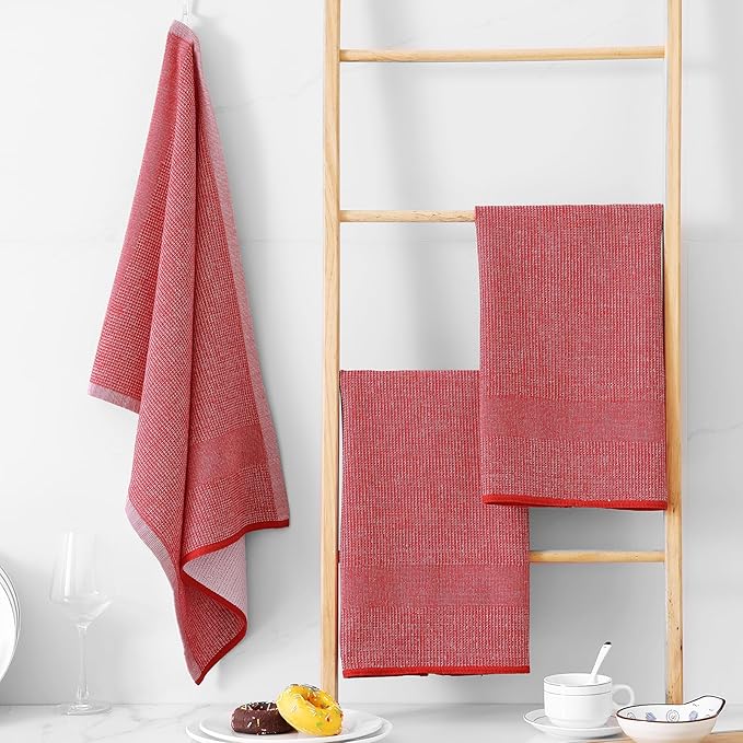 Homaxy Premium Kitchen Towels(18”x 28”, 12 Pack), Large Cotton Kitchen Hand Towels, Flat and Terry Dish Towels, 380 GSM Highly Absorbent Tea Towel Set with Hanging Loop, Red