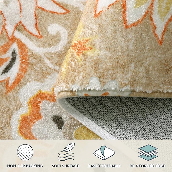 Lahome Floral Runners Rugs for Hallways - 2x6 Washable Non-Slip Kithcen Runner Rug Throw Soft Lightweight Bedroom Rug, Tan Paisley Print Modern Indoor Carpet Runner for Bathroom Laundry Room Entrance