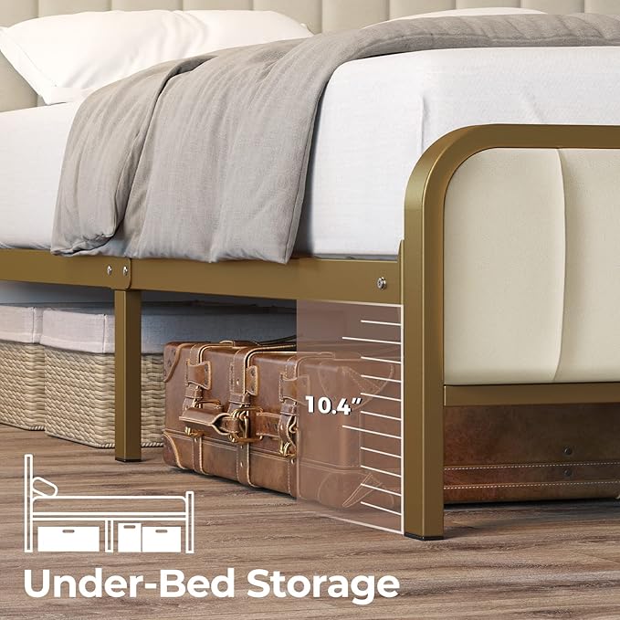 Rolanstar Twin Size Bed Frame with LED Light and Charging Station, Upholstered Headboard and Footboard, Metal Slat, Golden