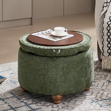 24Inch Round Storage Ottoman with Tray, Modern Tufted Circle Coffee Table with Storage, Upholstered Ottoman with Removable Top for Living Room, Bedroom, Chenille Green