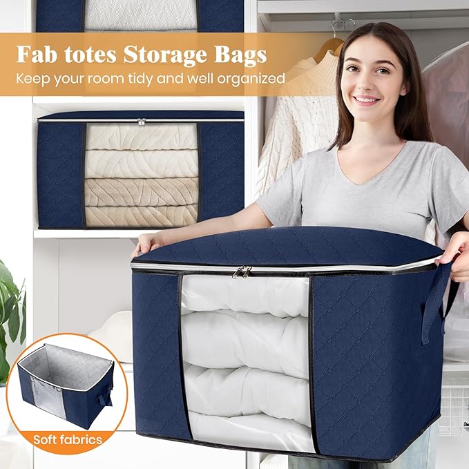 Fab totes 24 Gallons Clothes Storage,Foldable Thick Fabric Blanket Storage Bags, Containers for Organizing Bedroom, Closet, Clothing, Comforter, Organization with Handle (10 Pack,Blue)