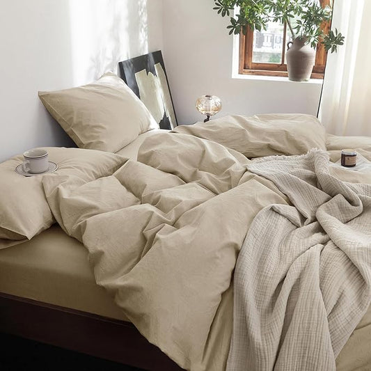 FOSSA Duvet Cover Set 100% Washed Cotton Linen Feel Super Soft Breathable Cozy 3 Pieces Bedding Sets Solid Light Khaki King