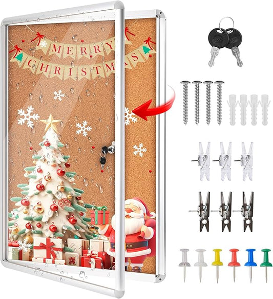 36"x24" Enclosed Cork Bulletin Board Tamper-Proof Dispaly Case,Brown Fabric&Aluminium Frame,Shatter Resistant Lockable Bulletin Board with Clear Acrylic Door for School,Office,Mall,Community,Hospital