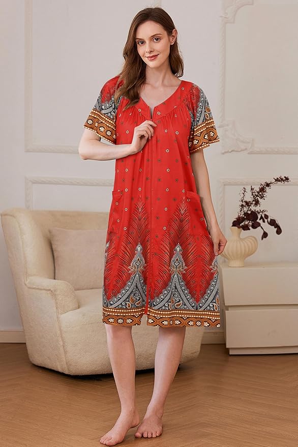 Ekouaer Women Robe Zipper Front Mumu Duster Robes Zip Up Housecoat Soft Sleepwear with Pockets