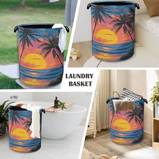 Tropical Palm Tree Laundry Basket,Sunset Beach Oxford Cloth Laundry Hamper with Handle Foldable Portable Clothes Storage Basket for Bathroom Bedroom Dorm Room 16