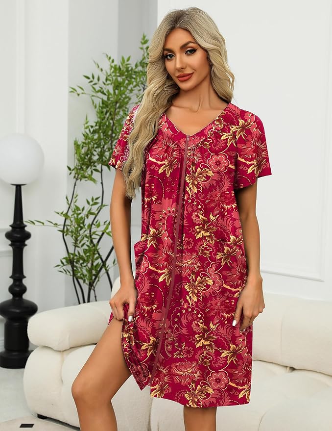 Ekouaer Women Robe Zipper Front Mumu Duster Robes Zip Up Housecoat Soft Sleepwear with Pockets