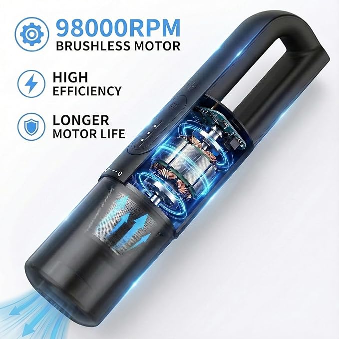 Handheld Vacuum Cordless, 5-in-1 Car Vacuum Portable Cordless 30 Mins Rapid Rechargeable Hand Vacuum Brushless Motor 19000Pa Strong Suction, Dust Busters for Car Home with 4 Nozzles, Black
