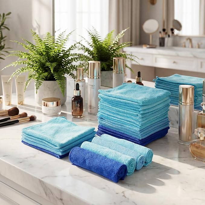 Newwiee 40 Pcs Wash Cloth Bulk Cotton Bath Hand Face Washcloths Soft Quick Drying Towel for Women Bathroom Washing Body Viscose Fiber Multipurpose Fingertip Rags(12 x 12 Inch,Blue Series)