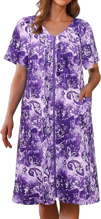 Ekouaer Women Robe Zipper Front Mumu Duster Robes Zip Up Housecoat Soft Sleepwear with Pockets