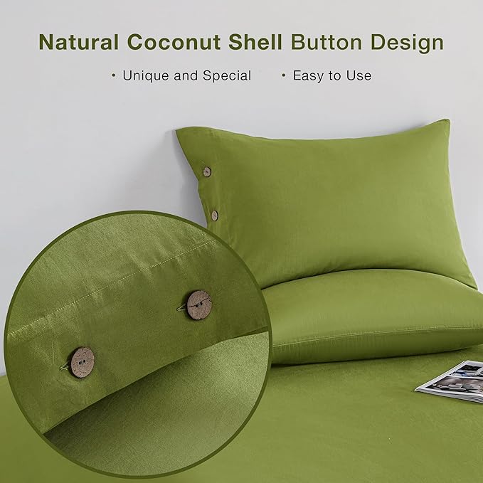 JELLYMONI Christams Pillowcases King Set of 2 Cotton Button Pillow Covers 20×36in Avocado Green Bed Pillow Cases 100% Washed Cotton Soft Breathable (Pillows are not Included)