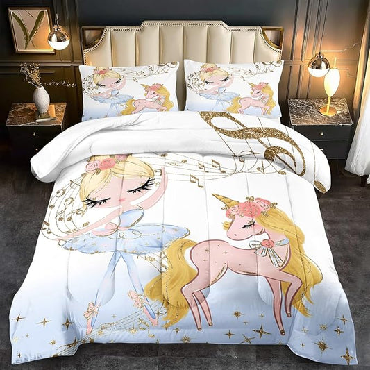Golden Unicorn Girls Comforter Set Full Kawaii Unicorn Bedding Set Full Cute Horse Comforter Girls Bedroom Decor White Animal Print Bedding Bed Decor Animal Print Quilt