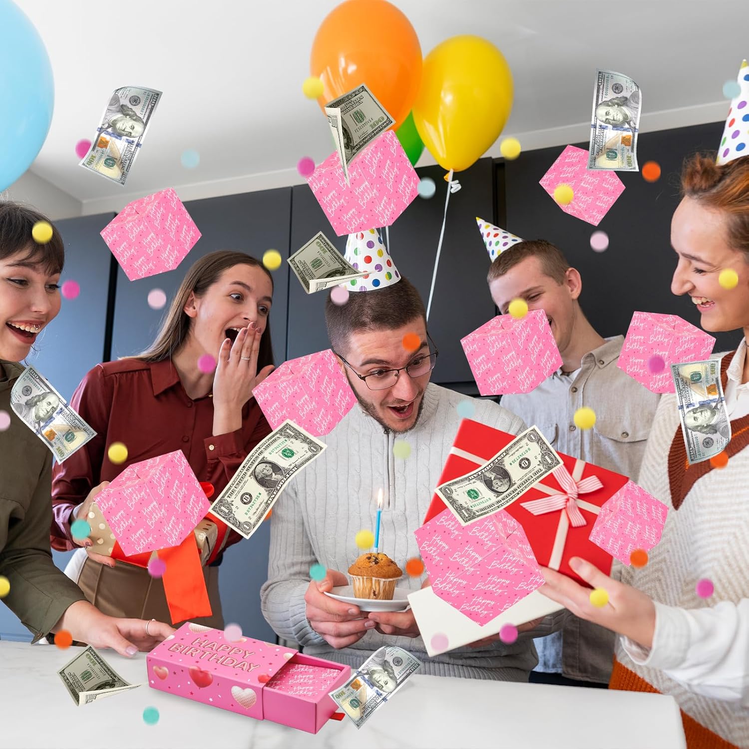 Happy Birthday Surprise Gift Box Explosion for Money - DIY Pop Out Folding Bounce Explosion Gift Box with Confetti - Birthday Money Bank - Cash Gift Idea for Women Men Kids (Pink)