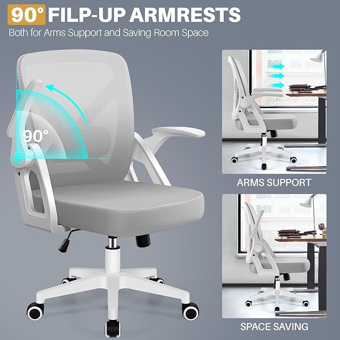 FelixKing Office Chair - Ergonomic Desk Chair Breathable Mesh Task Chair with Wheels and Lumbar Support Home Desk Office Chair with Flip up Armrest Rolling Swivel Computer Chair for Home Office Gray