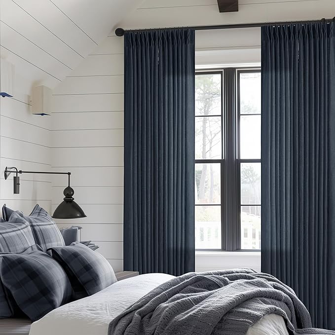 Dark Blue Linen Curtains 102 Inches Long for Living Room Pinch Pleated Drape with Hooks Rings for Track System Light Filtering 102 Inch Curtain for Bedroom Sliding Patio Door 2 Panels Navy Indigo