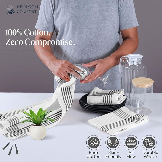 Black and White Kitchen Towels 3 Pack, 16x26 Inch, 100% Cotton Waffle Weave, Super Absorbent, Quick Dry, Reusable Dish Towels for Cleaning, Drying, Cooking, Washing